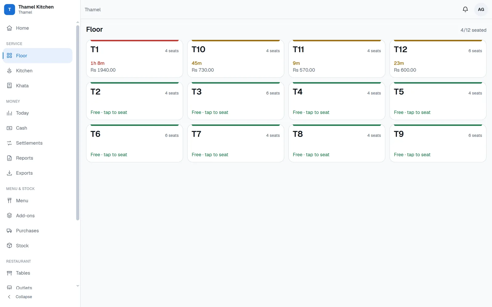Restro floor screen: twelve tables, four occupied with running totals and waiting times, one at 1h 8m shown in red, eight marked free.