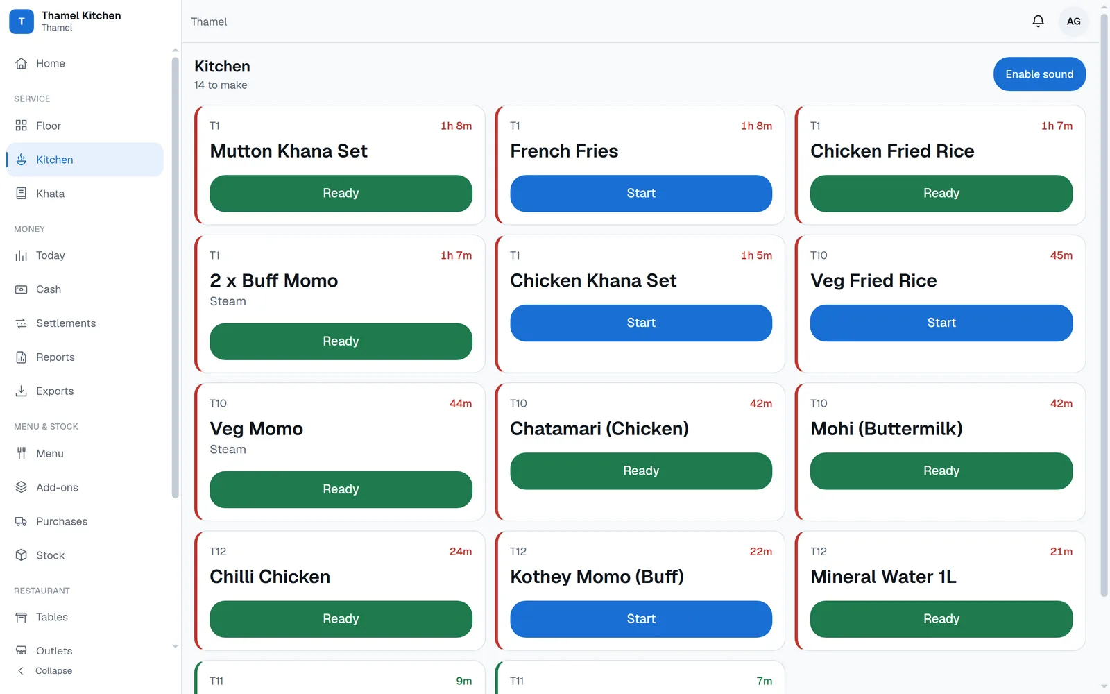 Restro kitchen screen listing fourteen dishes including Mutton Khana Set, Buff Momo, Chatamari and Kothey Momo, each with table number, elapsed time and a Start or Ready button.